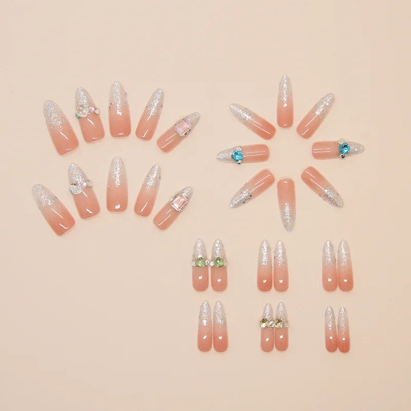 30pcs Almond Shape Sparking Diamond Design Press on Nails Set; Mix and Match