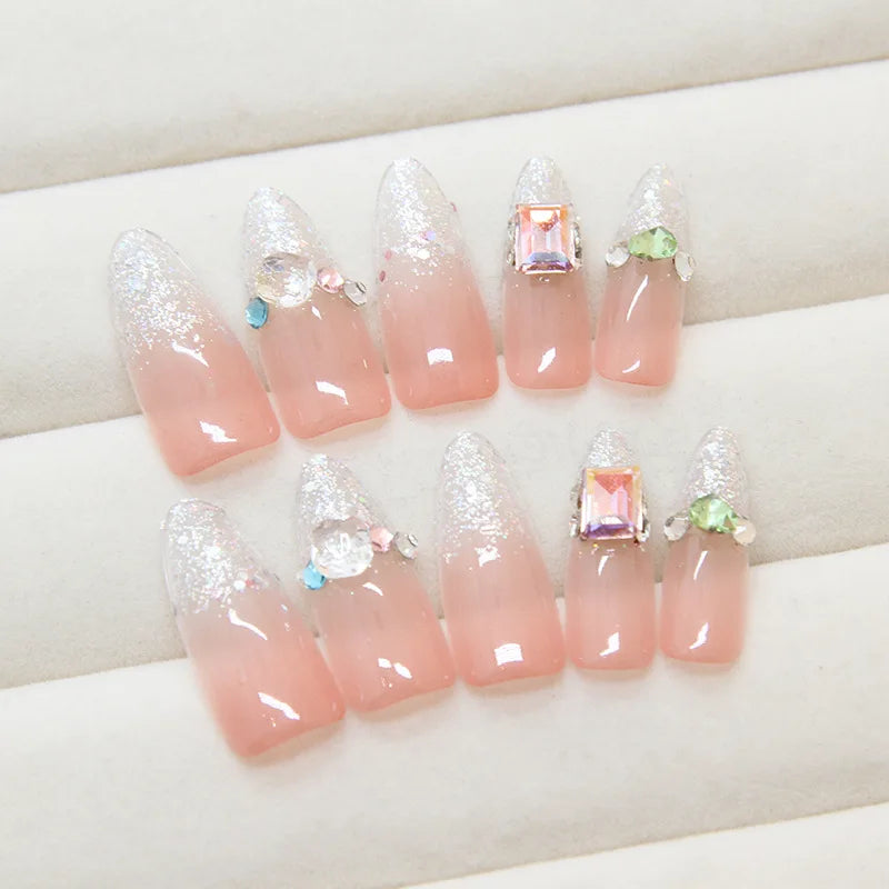 30pcs Almond Shape Sparking Diamond Design Press on Nails Set; Mix and Match